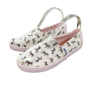 TOMS Zebra Print Slip-On Shoes Size 6 White Black Canvas Summer Travel